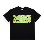 Black t-shirt with green and yellow graphic design on a white background