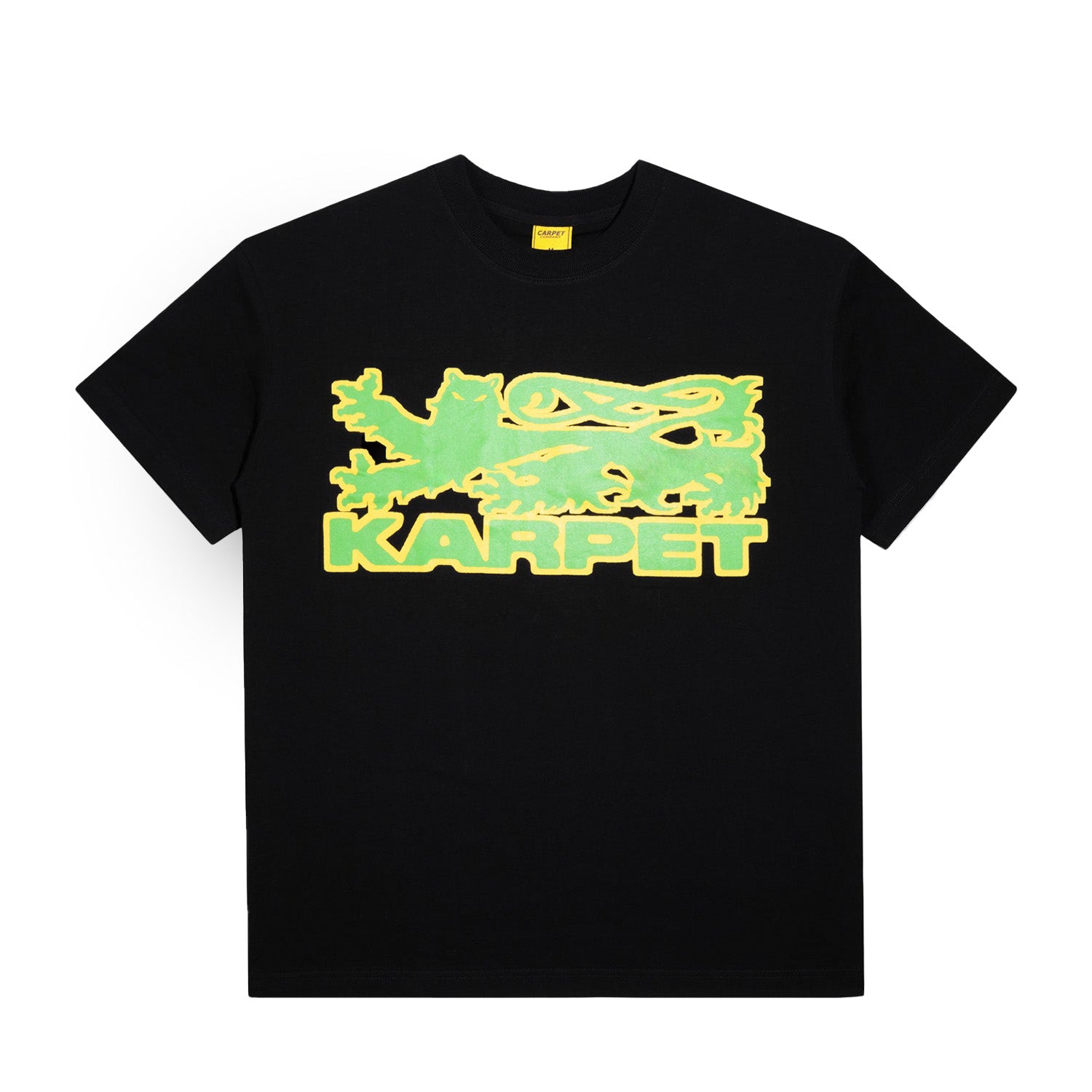 Black t-shirt with green and yellow graphic design on a white background