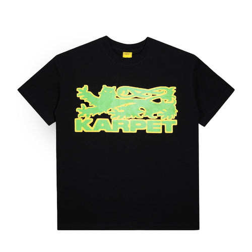Black t-shirt with green and yellow graphic design on a white background
