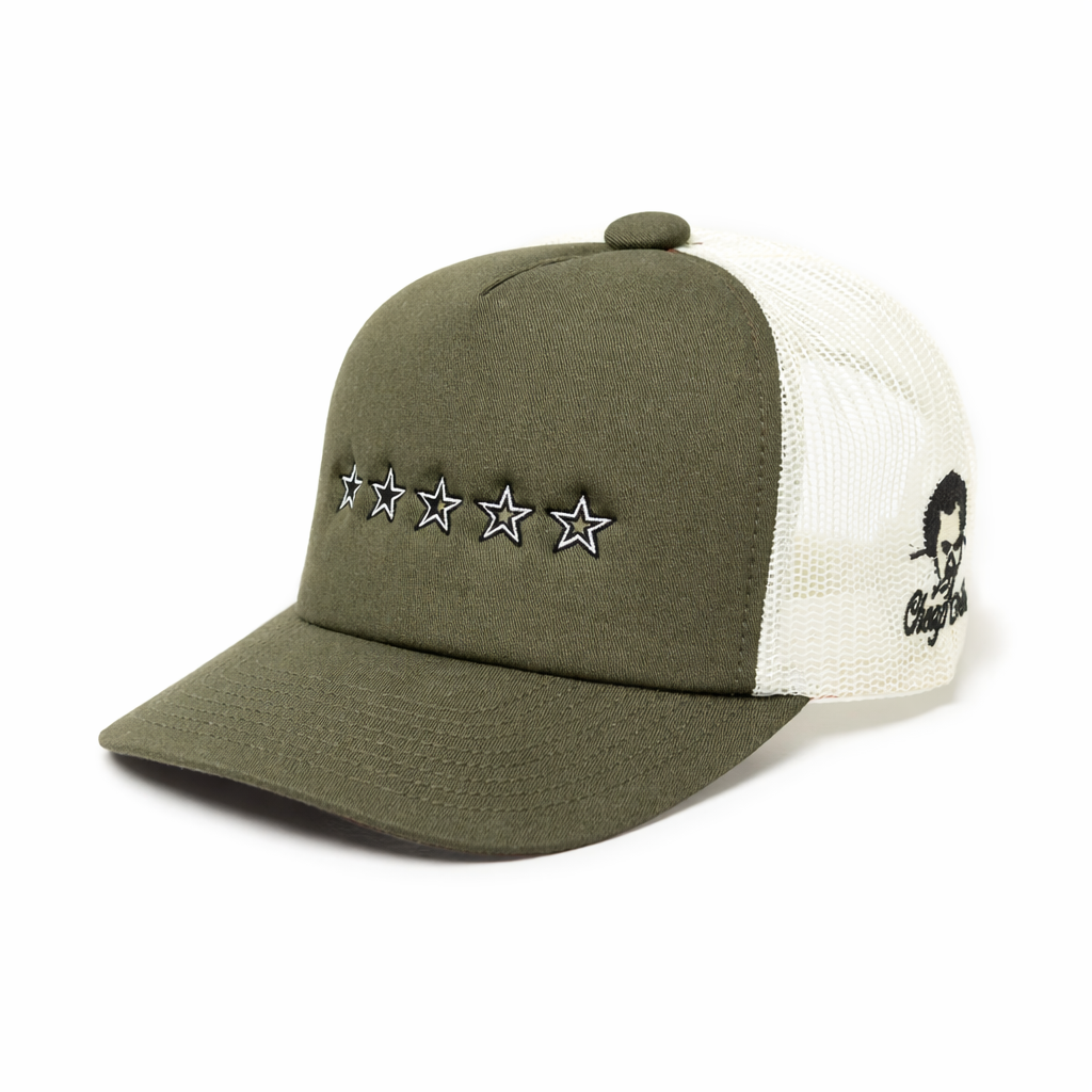 Green and white cap with star designs on a white background
