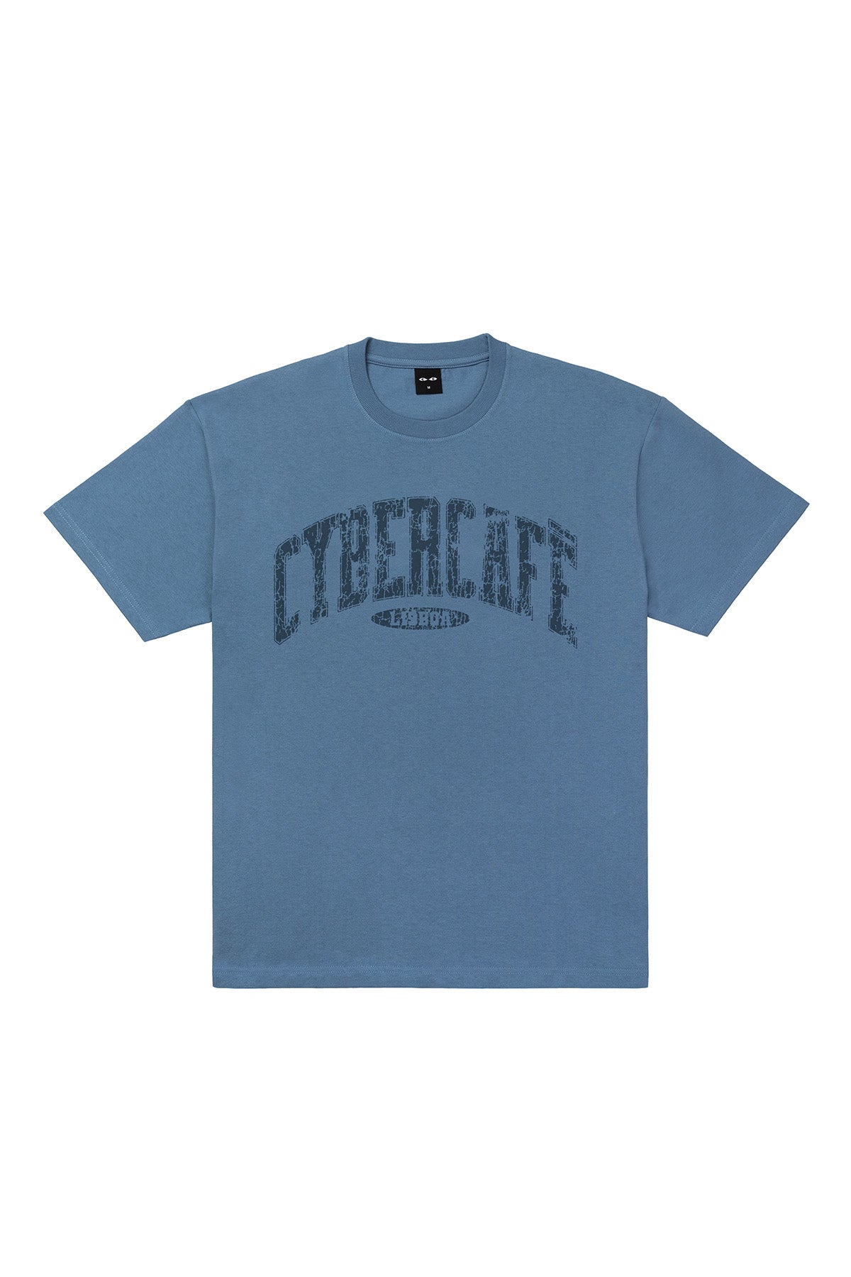 Blue t-shirt with 'CYBERCAFE' text on a white background