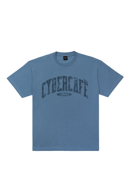 Blue t-shirt with 'CYBERCAFE' text on a white background