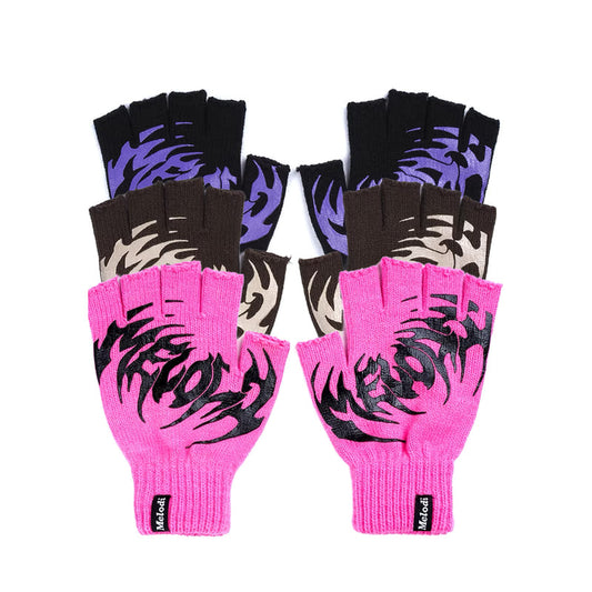 Set of pink fingerless gloves with black flame design on a white background
