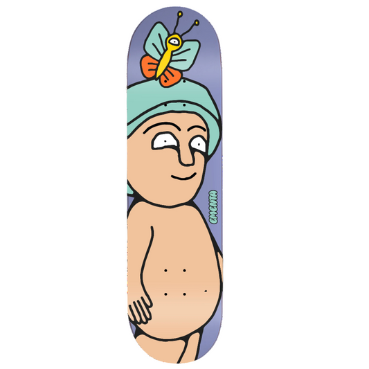 Skateboard deck with a cartoon character wearing a headband with a butterfly design on a purple background