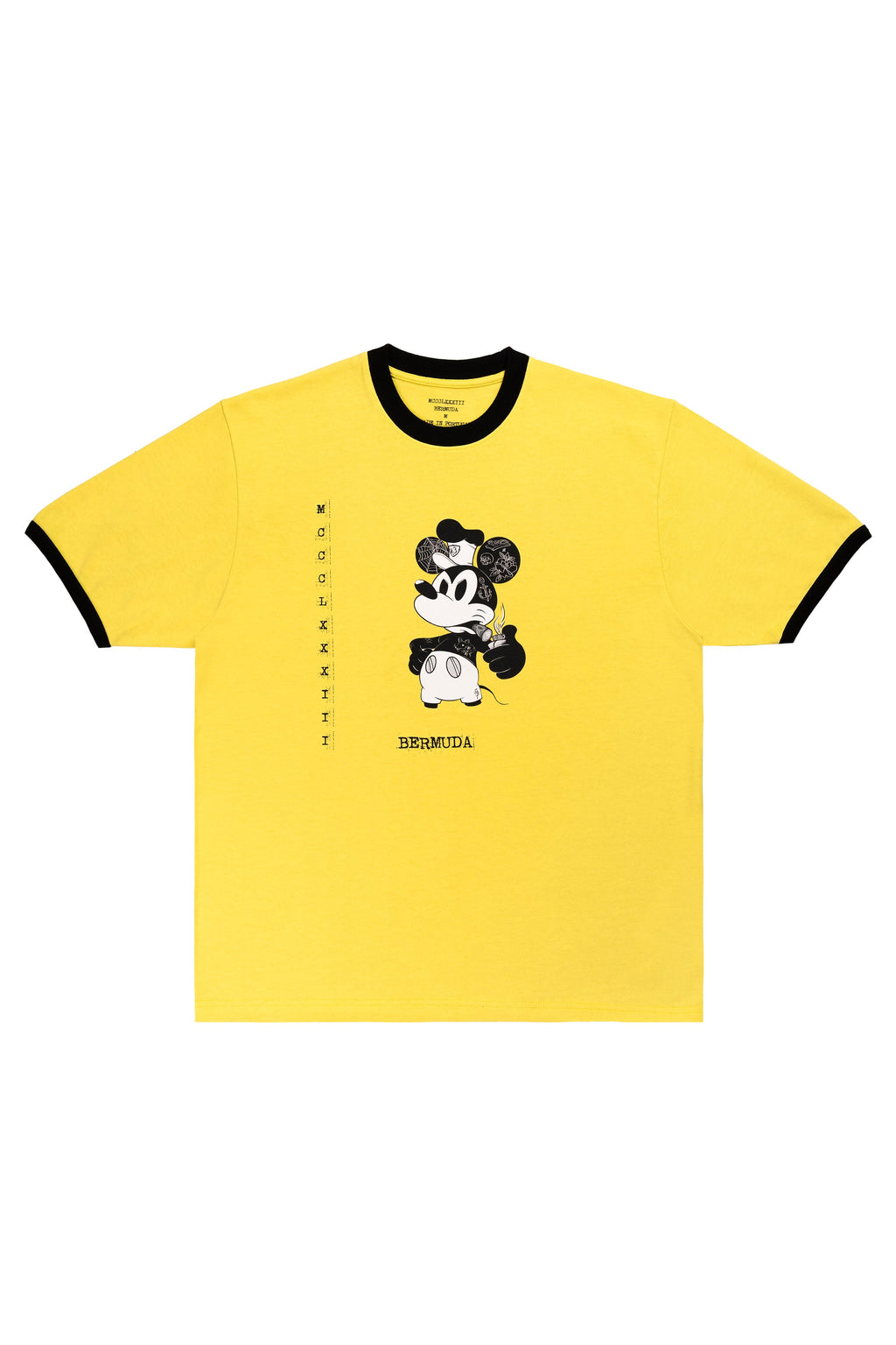 Yellow t-shirt with black trim featuring a cartoon character on a white background