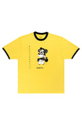 Yellow t-shirt with black trim featuring a cartoon character on a white background
