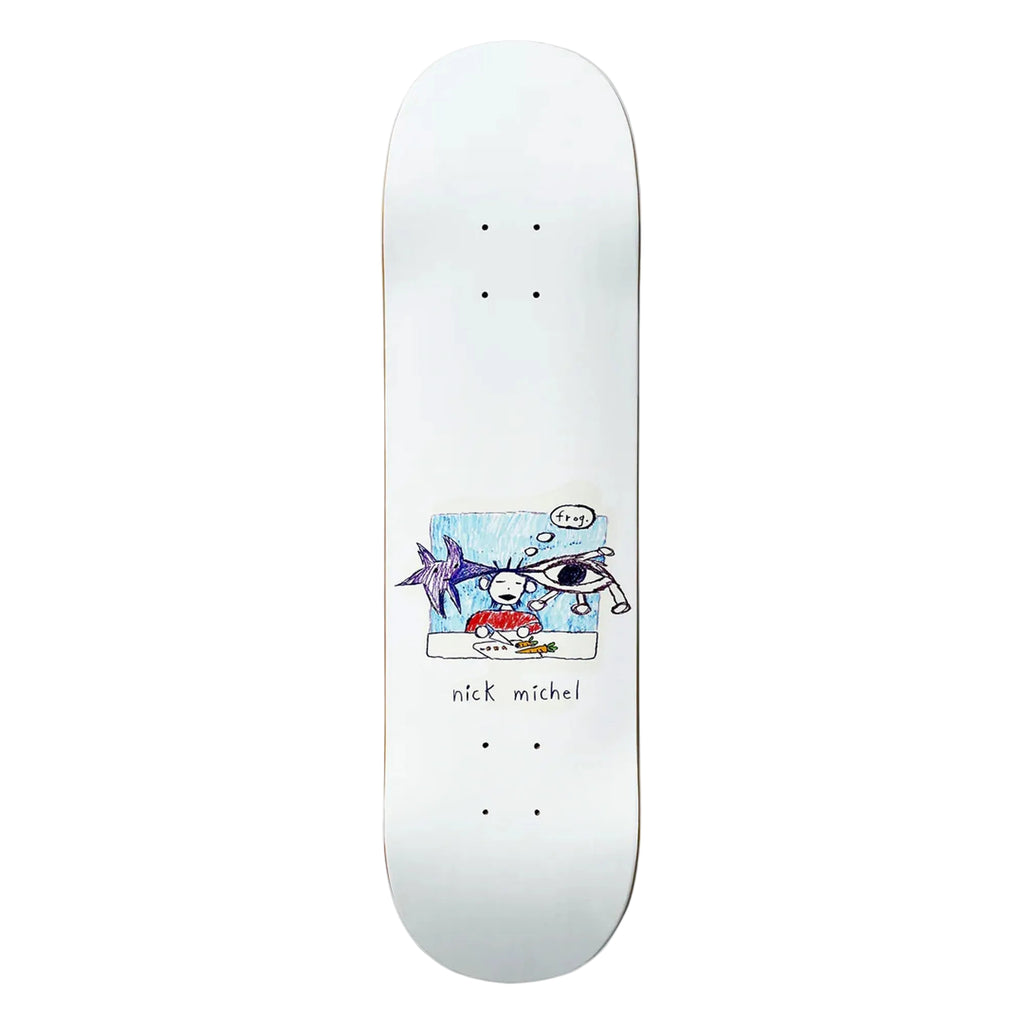 Skateboard deck with cartoon design and 'nick michel' branding on a white background