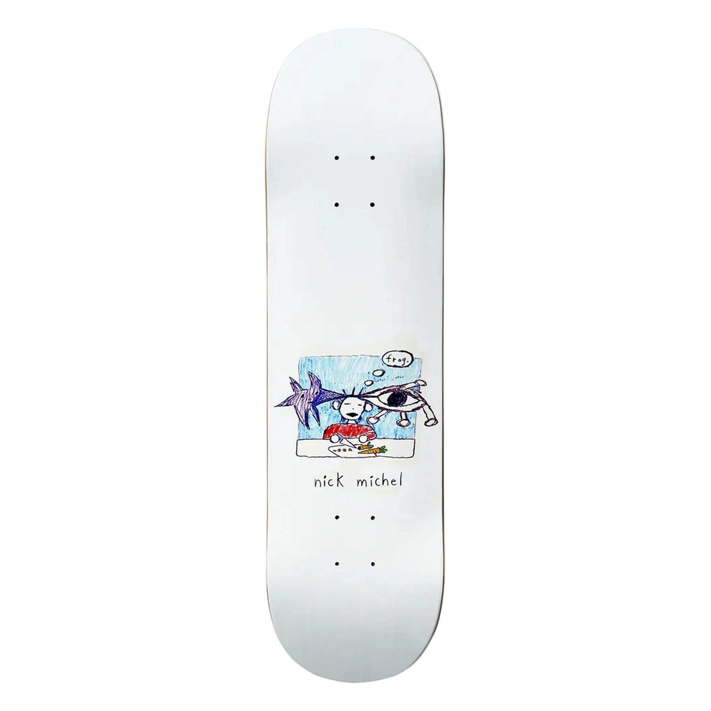 Skateboard deck with cartoon design and 'nick michel' branding on a white background
