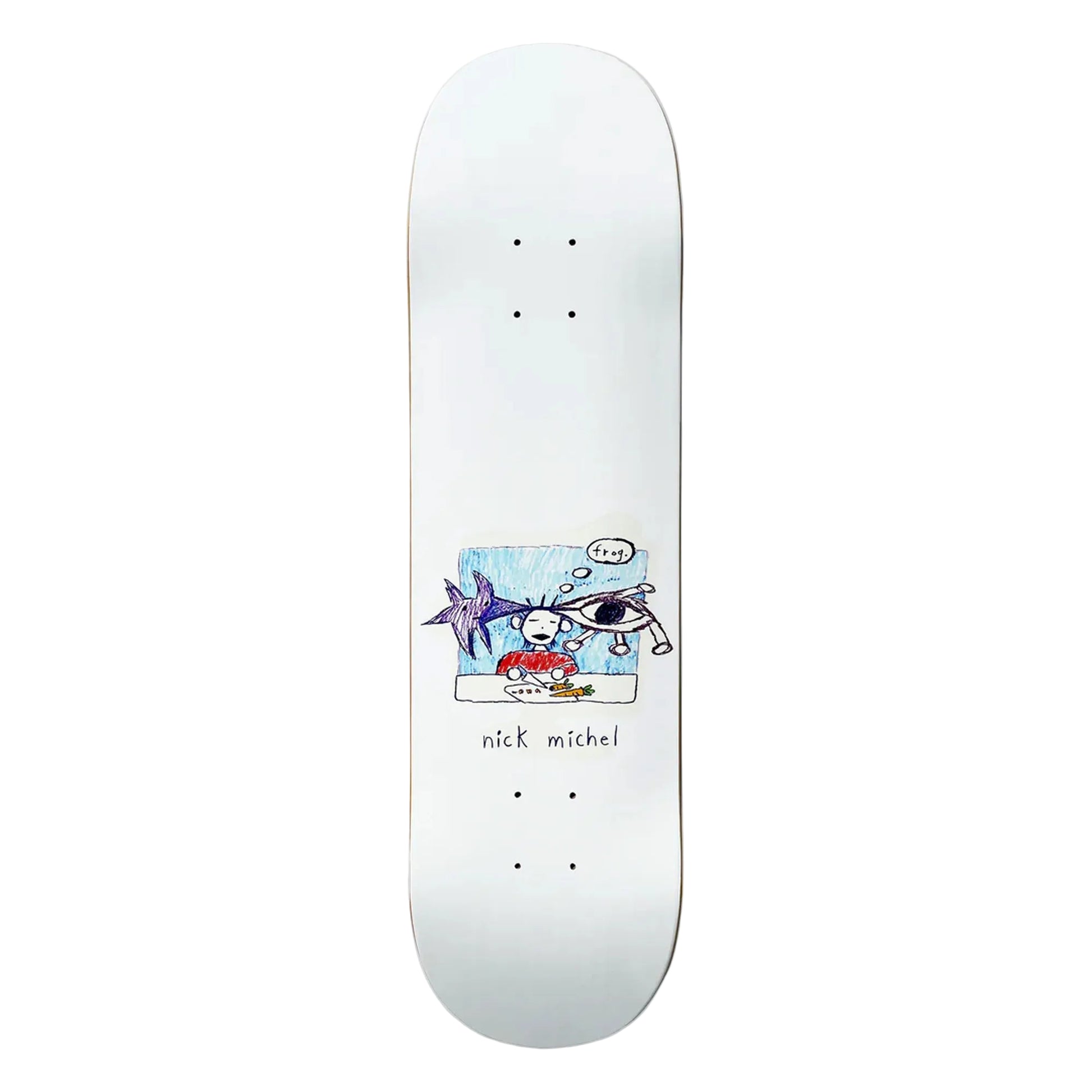Skateboard deck with cartoon design and 'nick michel' branding on a white background