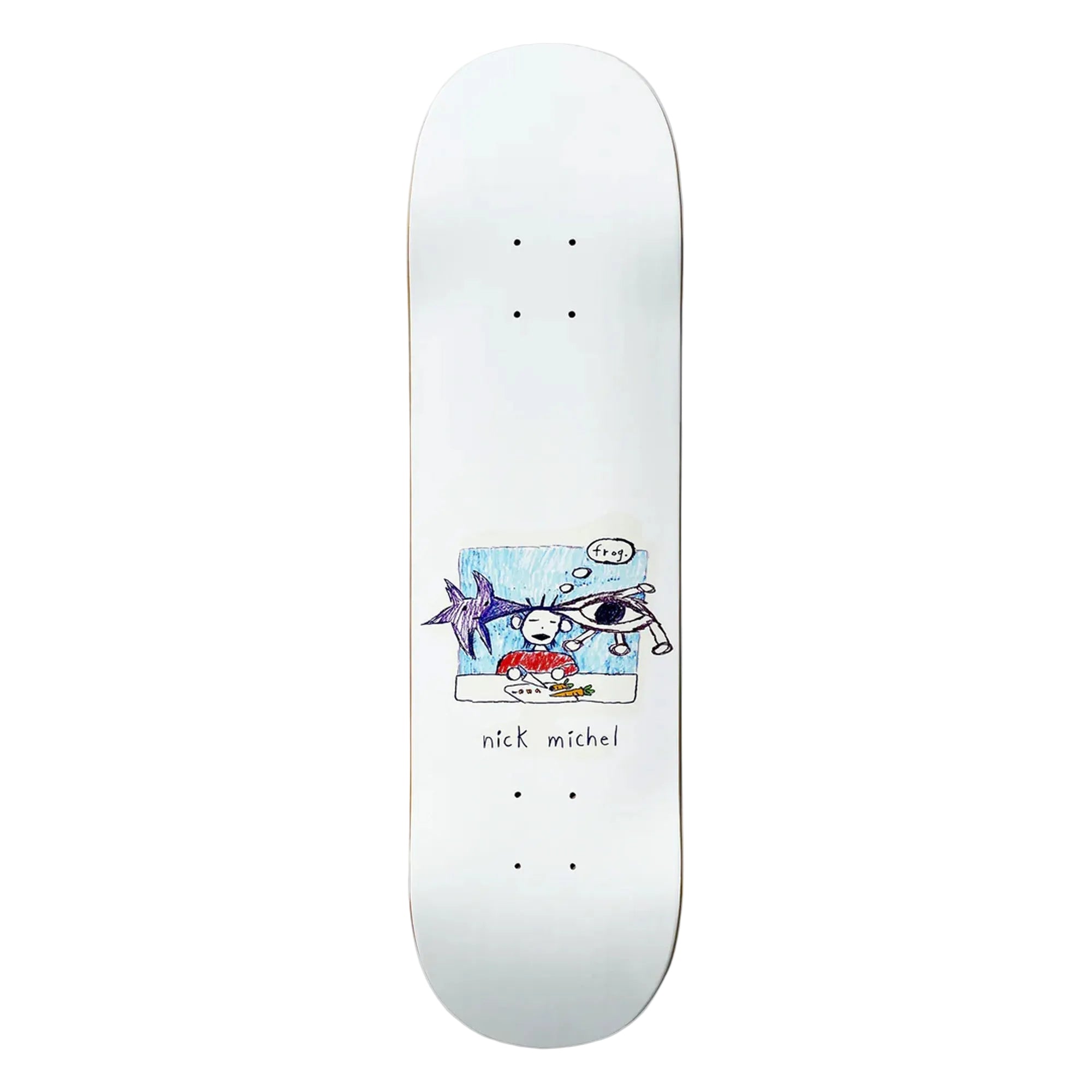 Skateboard deck with cartoon design and 'nick michel' branding on a white background