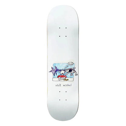 Skateboard deck with cartoon design and 'nick michel' branding on a white background