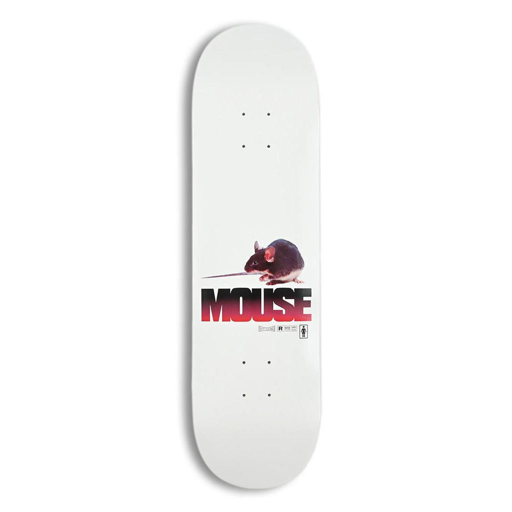 A white skateboard deck featuring a graphic of a black rat above the word 'MOUSE' in red and black, with 'BOSTON REVOLT' printed below, shown against a plain white background.