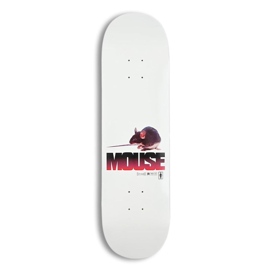 A white skateboard deck featuring a graphic of a black rat above the word 'MOUSE' in red and black, with 'BOSTON REVOLT' printed below, shown against a plain white background.