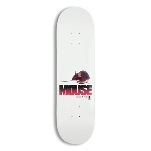 A white skateboard deck featuring a graphic of a black rat above the word 'MOUSE' in red and black, with 'BOSTON REVOLT' printed below, shown against a plain white background.