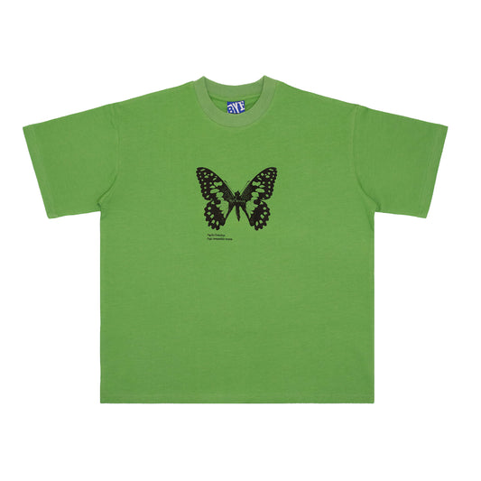Green t-shirt with a black butterfly design on a white background from Bye jeremy brand