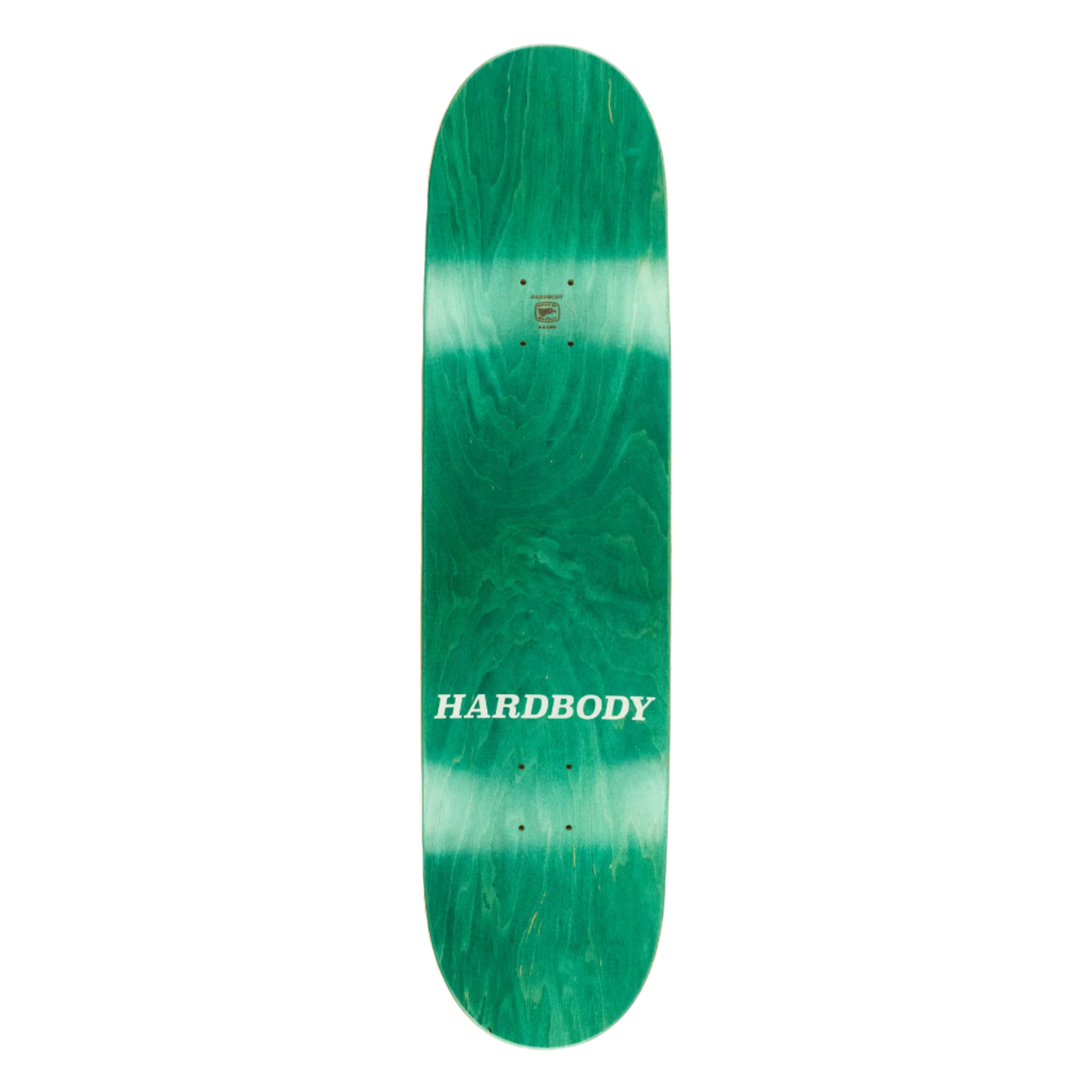Green skateboard deck with 'HARDBODY' branding on a white background