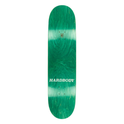 Green skateboard deck with 'HARDBODY' branding on a white background
