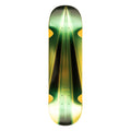Skateboard deck with green and yellow design on a white background