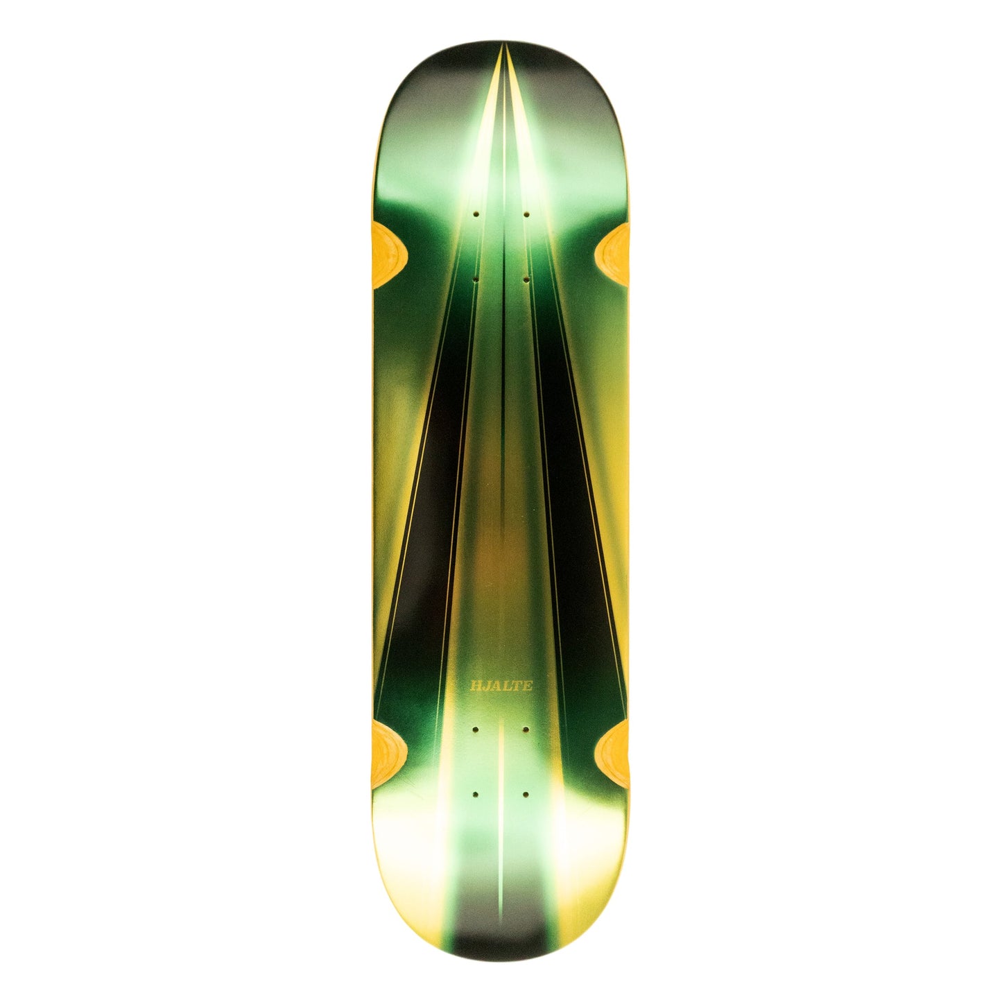 Skateboard deck with green and yellow design on a white background