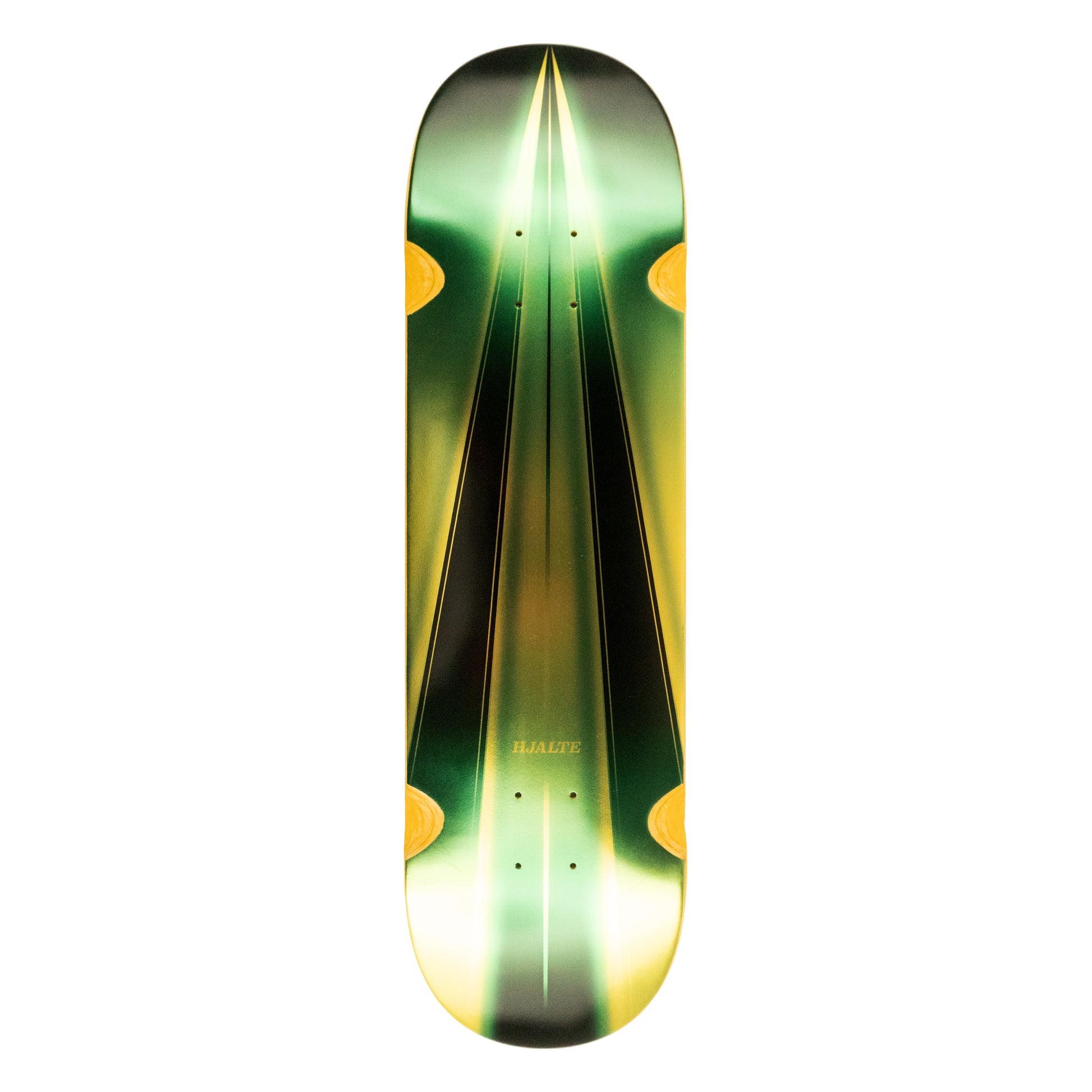 Skateboard deck with green and yellow design on a white background