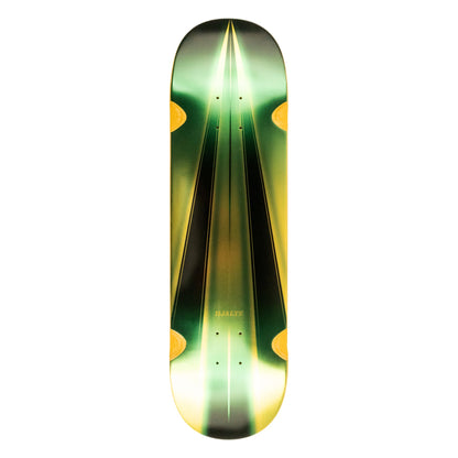 Skateboard deck with green and yellow design on a white background