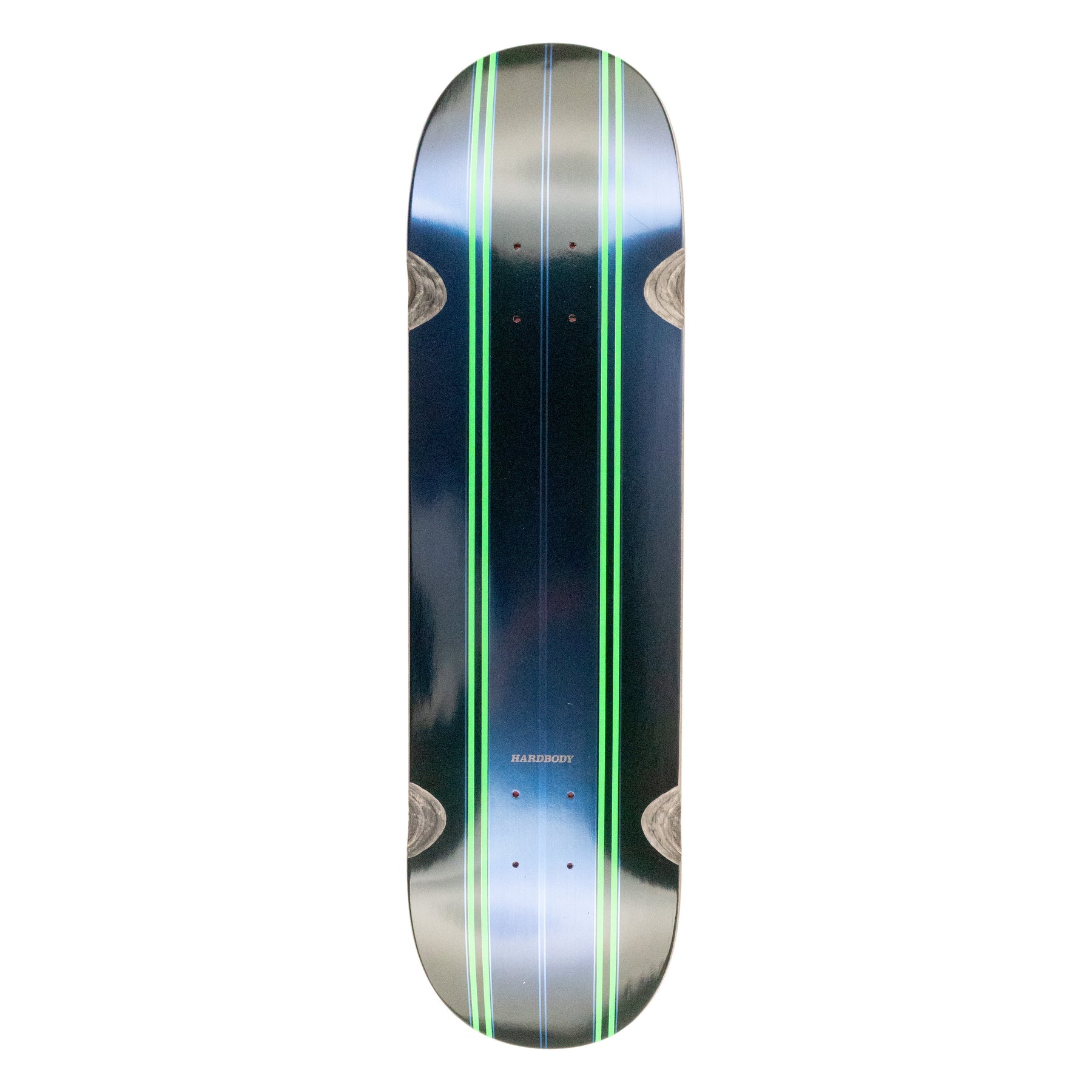 Skateboard deck with green and blue design on a white background