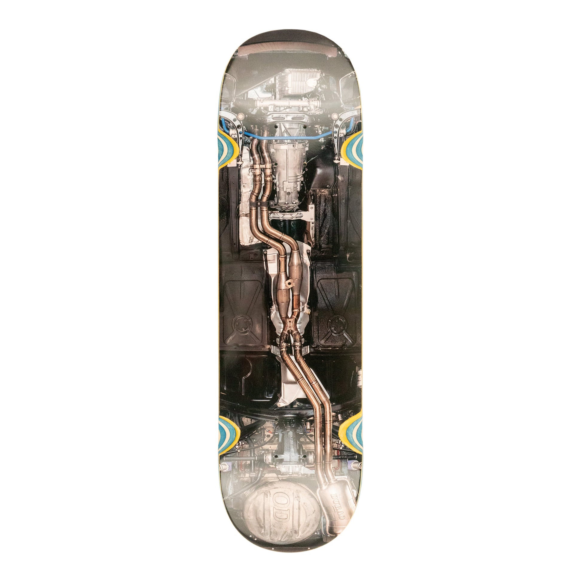 Skateboard deck with mechanical design on a white background