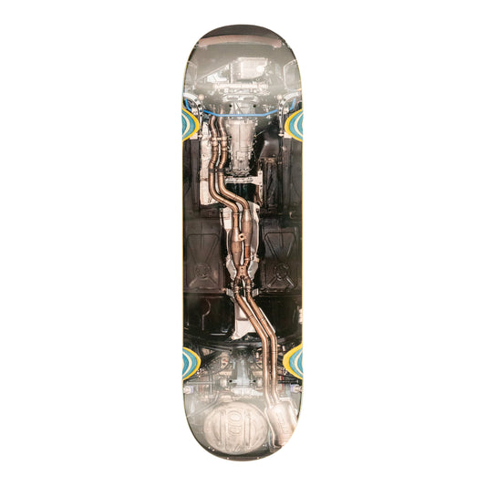 Skateboard deck with mechanical design on a white background
