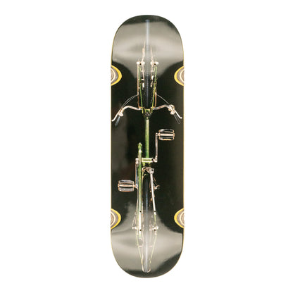 Skateboard deck with bicycle design on a black background
