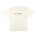 White t-shirt with 'HARDBODY' text in rainbow colors on a white background