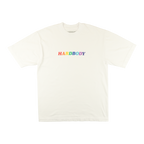 White t-shirt with 'HARDBODY' text in rainbow colors on a white background