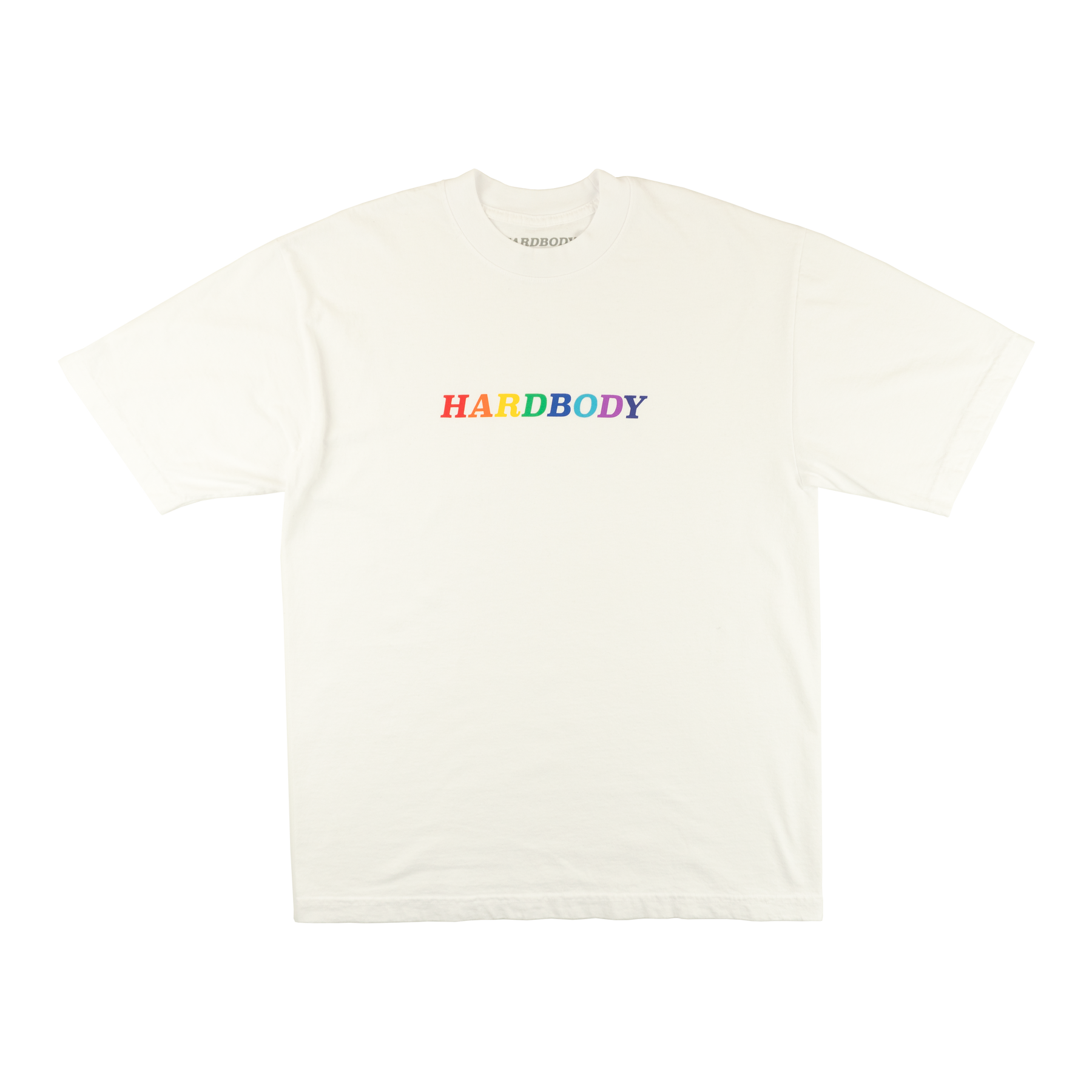 White t-shirt with 'HARDBODY' text in rainbow colors on a white background