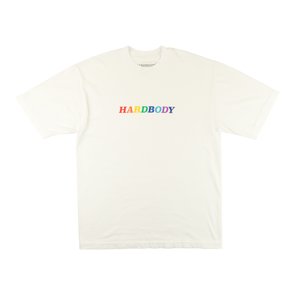 White t-shirt with 'HARDBODY' text in rainbow colors on a white background