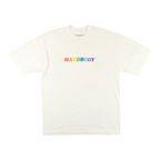 White t-shirt with 'HARDBODY' text in rainbow colors on a white background