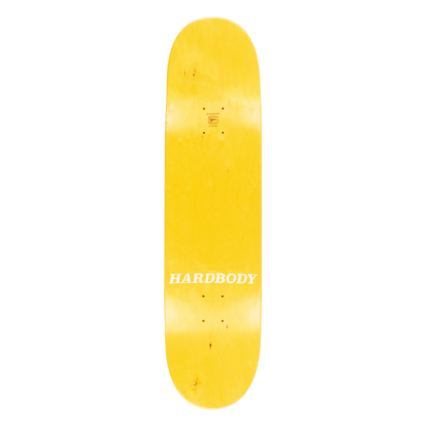 Yellow skateboard deck with 'HARDBODY' branding on a white background