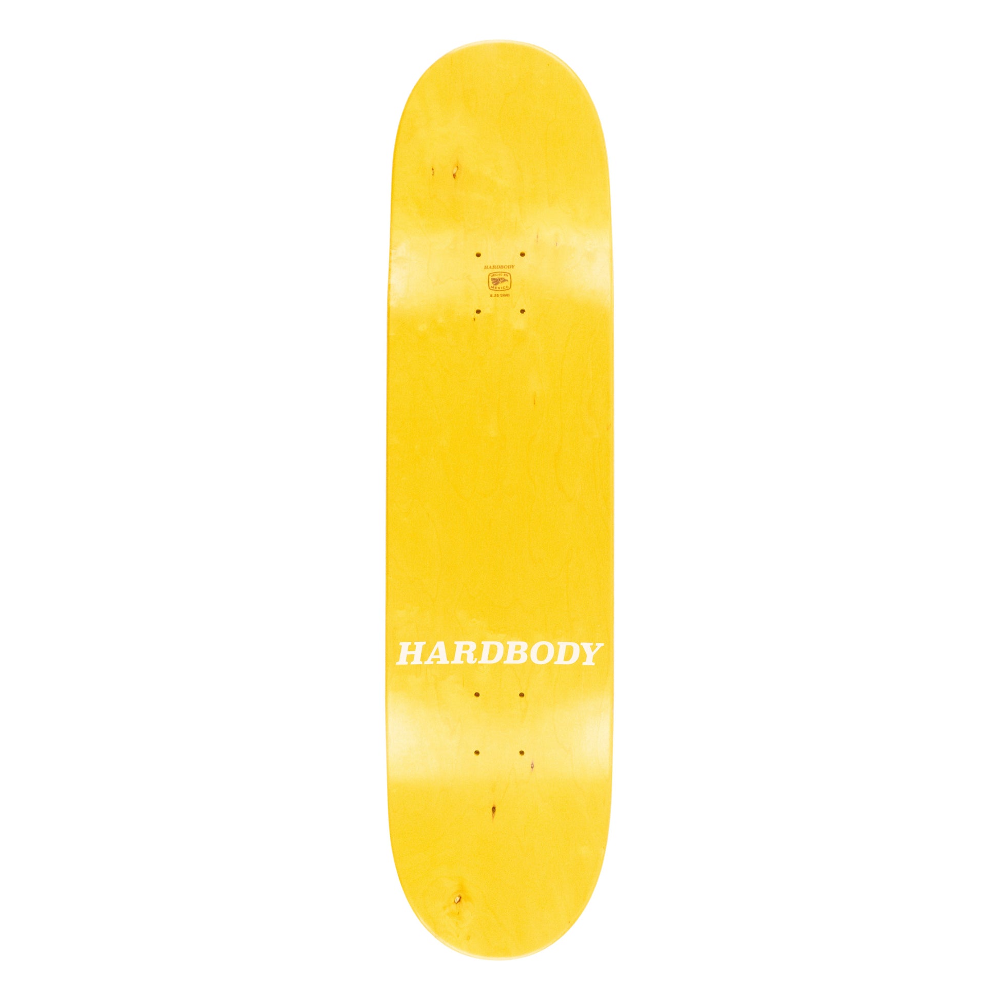 Yellow skateboard deck with 'HARDBODY' branding on a white background