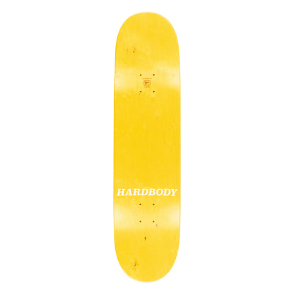 Yellow skateboard deck with 'HARDBODY' branding on a white background