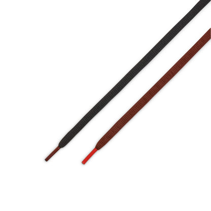 Two pairs of shoelaces, one black and one brown with a red tip, on a white background.