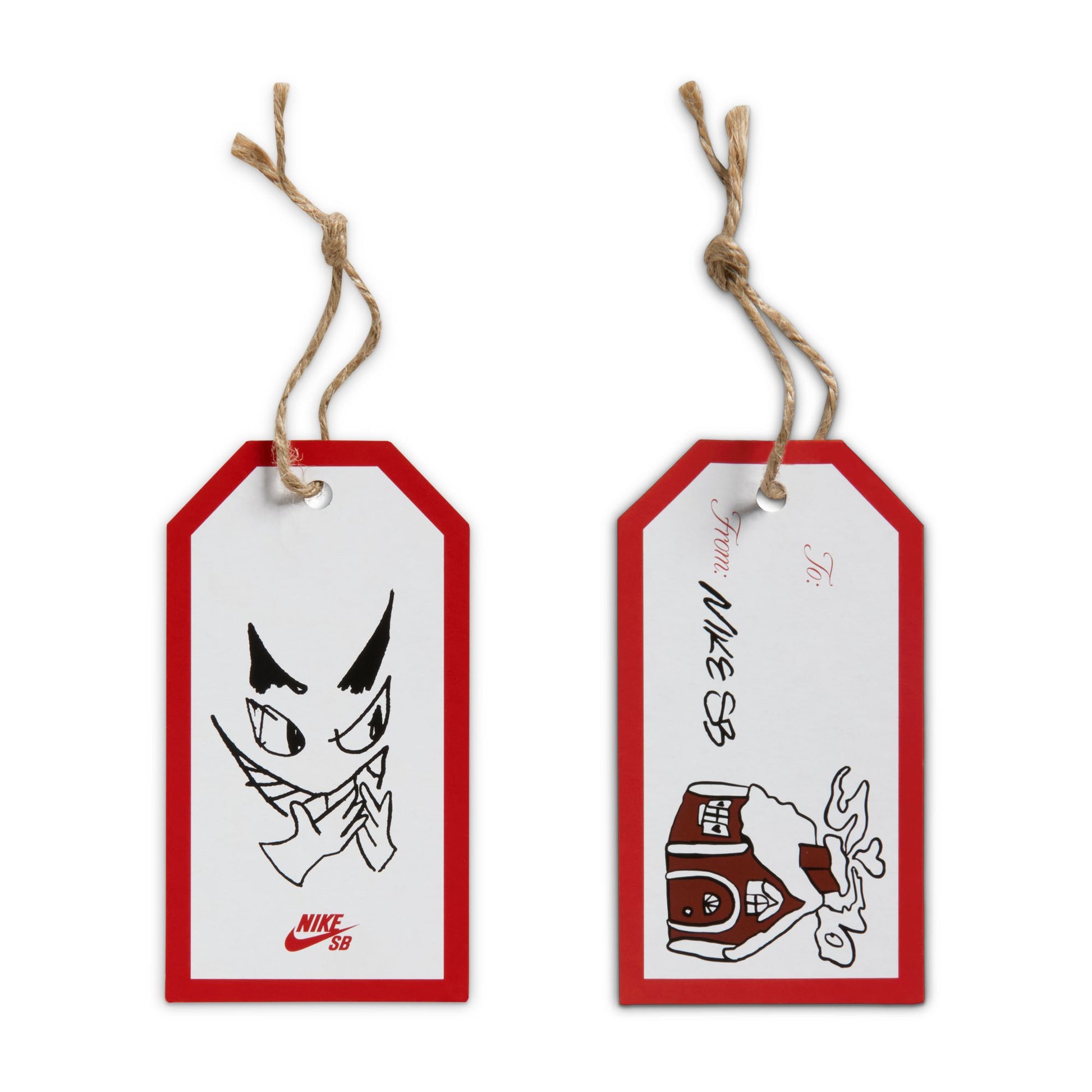 Two red and white tags with Nike SB graphics on a white background