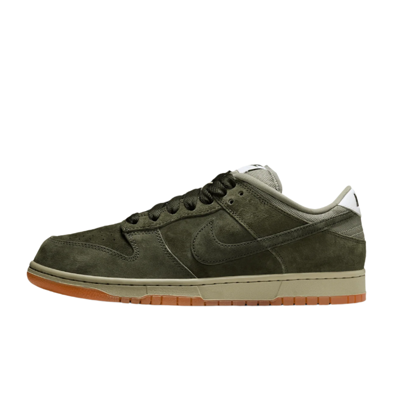 Green sneaker with brown sole on a white background