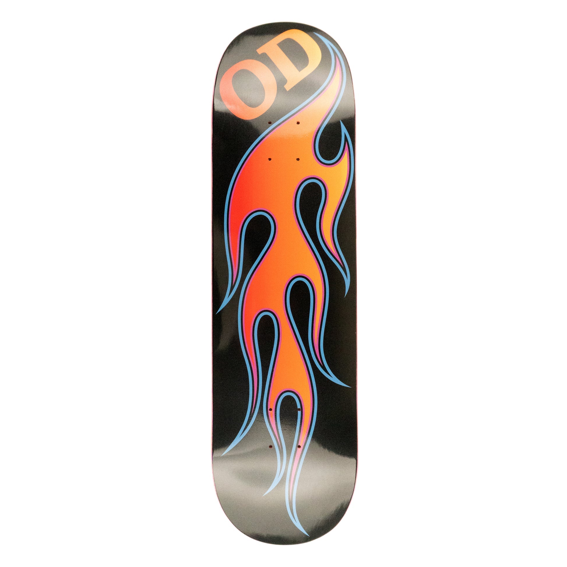 Skateboard deck with flame design and 'OD' logo on a white background