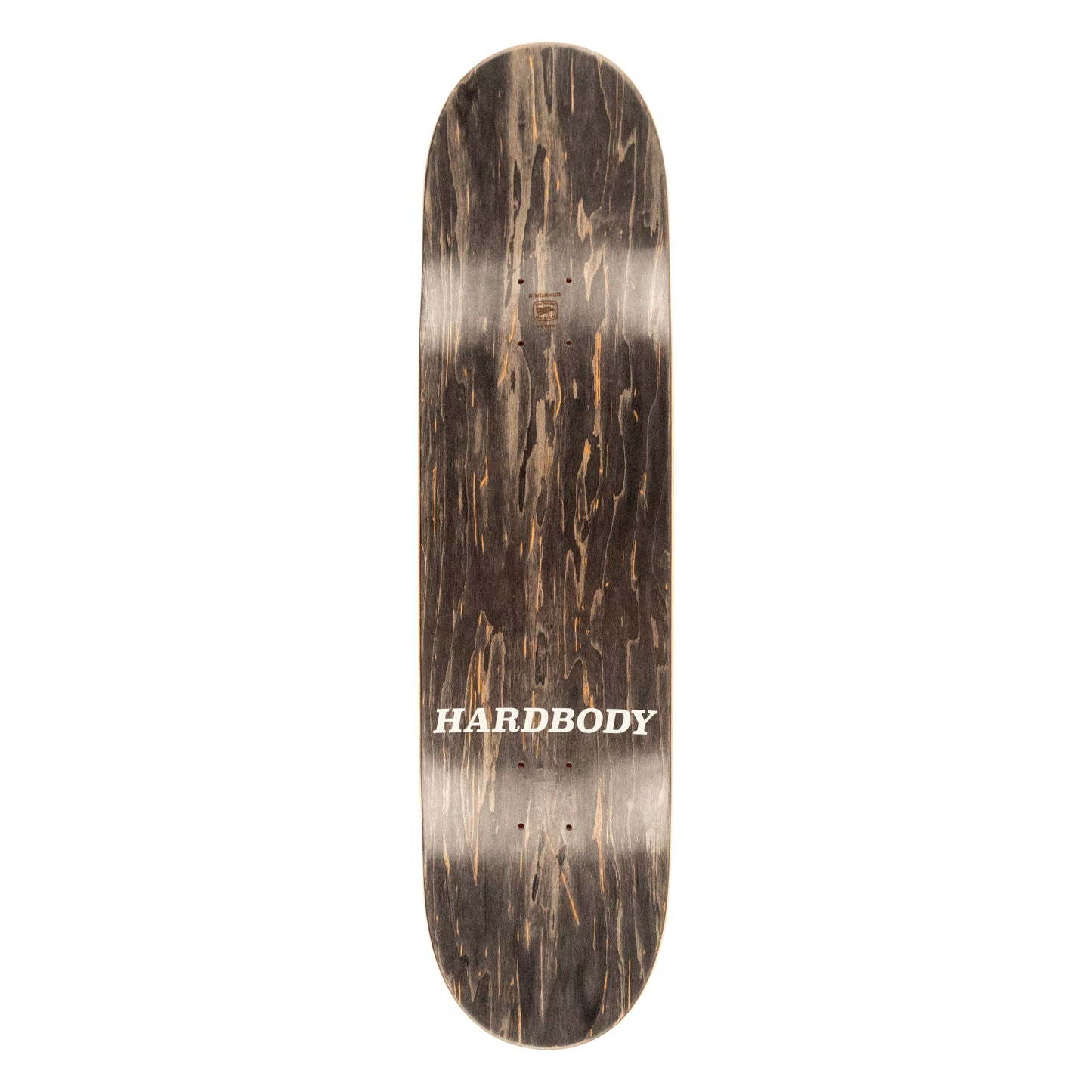 Skateboard deck with 'Hardbody' branding on a white background