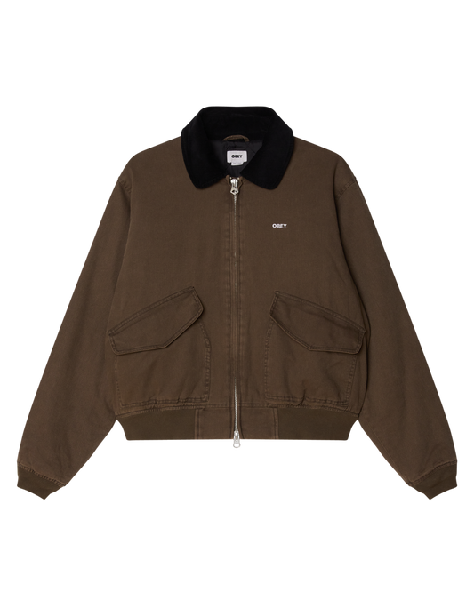 Brown jacket with black collar on a white background