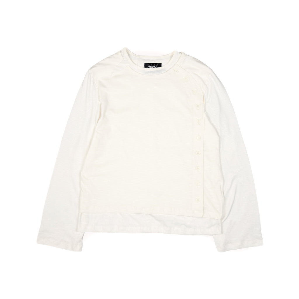 An off-white long-sleeve top with a crew neck and a front button closure, laid flat against a white background.