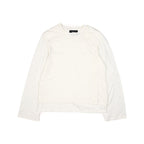 An off-white long-sleeve top with a crew neck and a front button closure, laid flat against a white background.