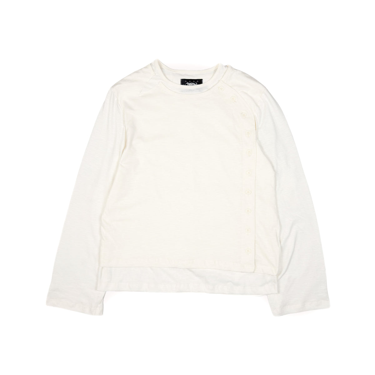An off-white long-sleeve top with a crew neck and a front button closure, laid flat against a white background.