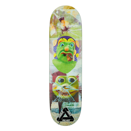 Skateboard deck with colorful graphic design on a white background