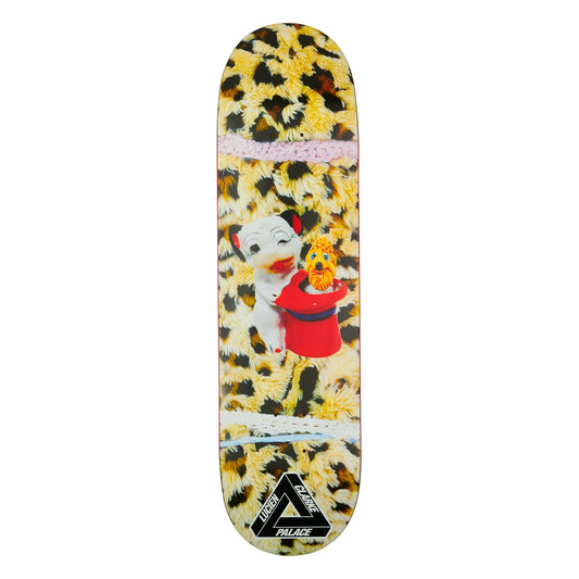 Skateboard deck with a colorful design featuring cartoon characters on a white background