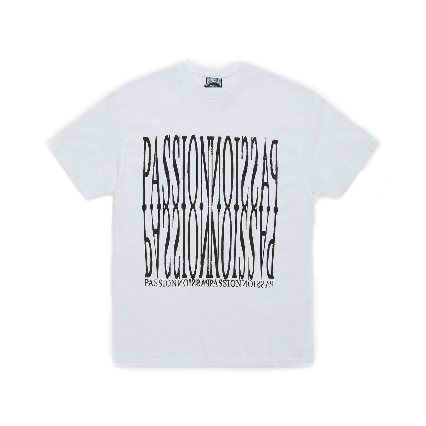 White t-shirt with black text design on a white background