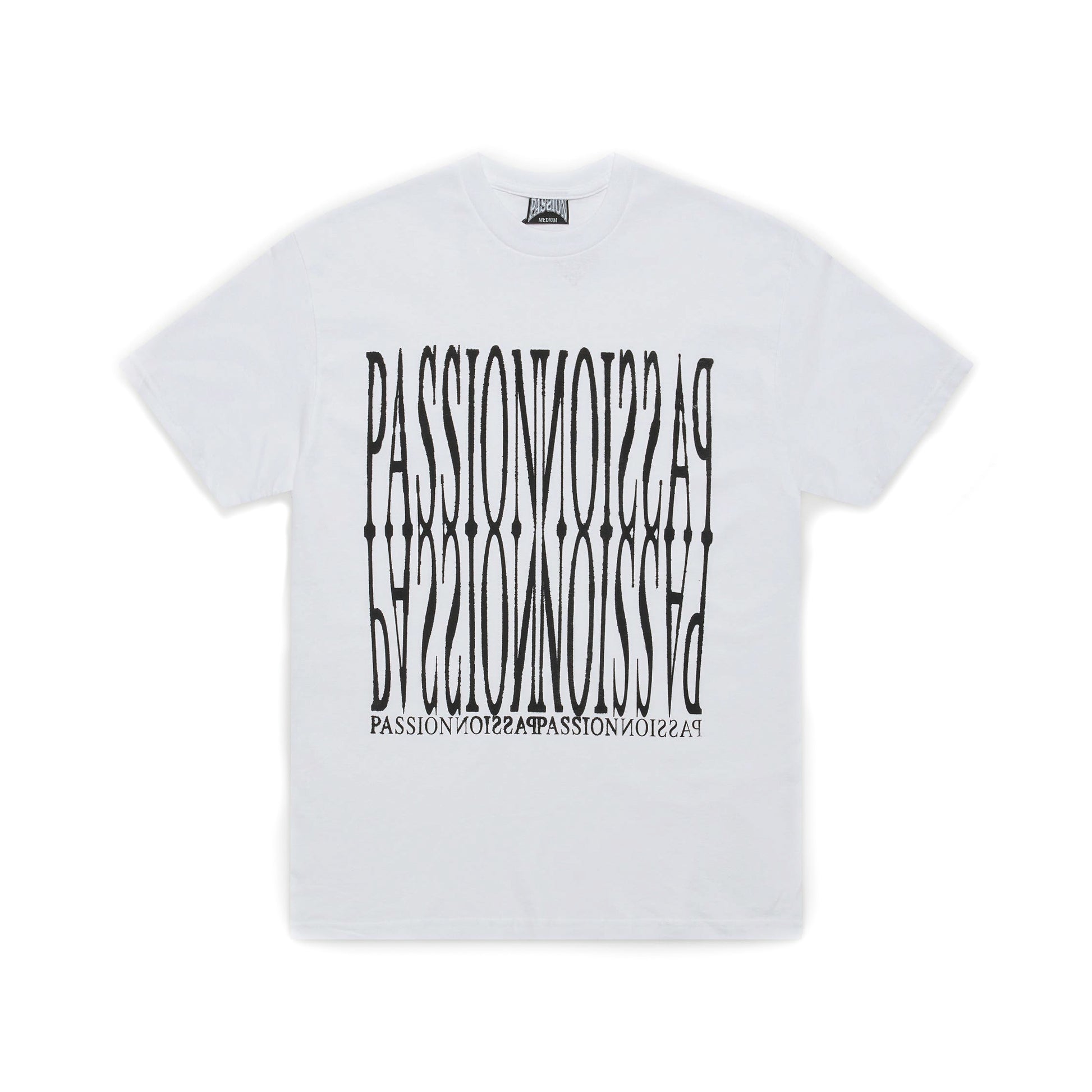 White t-shirt with black text design on a white background